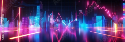 An illustrative neon-lit futuristic city with glowing financial graphs superimposed