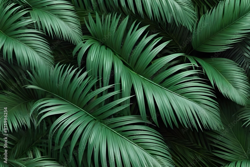 Abstract natural green backdrop with dark green palm tree leaves. Tropical palm leaf and shadow.

