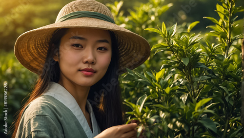 Chinese girl picking green tea on a plantation