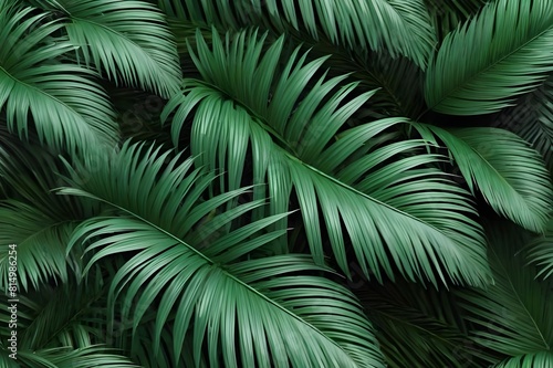 Abstract natural green backdrop with dark green palm tree leaves. Tropical palm leaf and shadow.  