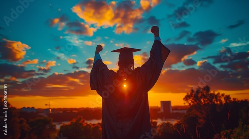 A lone graduate stands, their diploma held high as they watch the sun rise on a new chapter of their life. greeting photo