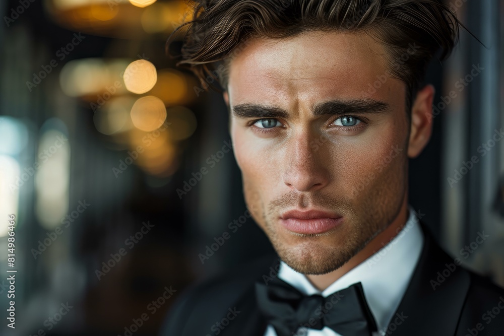 Close-up of a young, suave man in a classic black tuxedo, exuding sophistication Close-up of a young, suave man in a classic black tuxedo, exuding sophistication