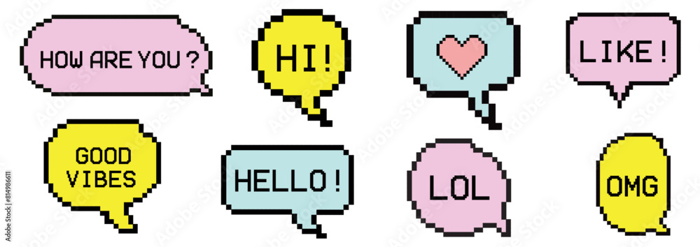 Pixel art dialogue box, acronym word. Speech bubbles in the mood of 90's aesthetics. Vector 8-bit retro style illustration set. 8 bit, 80s, 90s games, computer arcade game Pixel art dialogue box, acronym word. Speech bubbles in the mood of 90's aesthetics. Vector 8-bit retro style illustration set. 8 bit, 80s, 90s games, computer arcade game