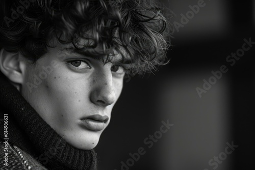 Black and white portrait of a thoughtful young man with curly hair  staring intently