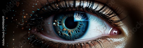 Cybernetic vision hacker or ai robot eye in futuristic tech environment on digital display