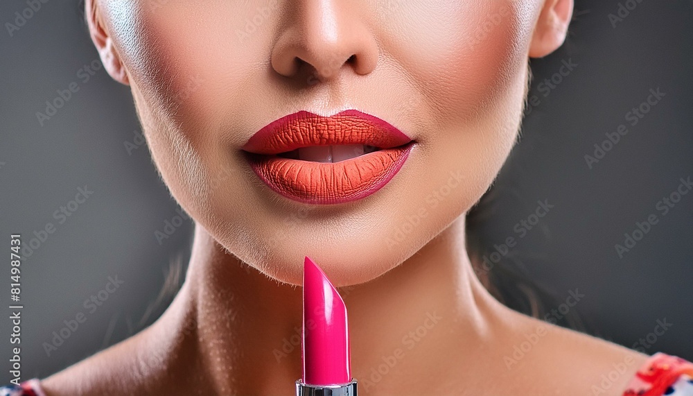Frau mit schönen Lippen hält eine Lippenstift in der Hand. Frau mit schönen Lippen hält eine Lippenstift in der Hand.