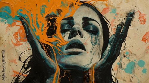 A painting of a woman with vibrant colors and a splash of orange paint across her face.