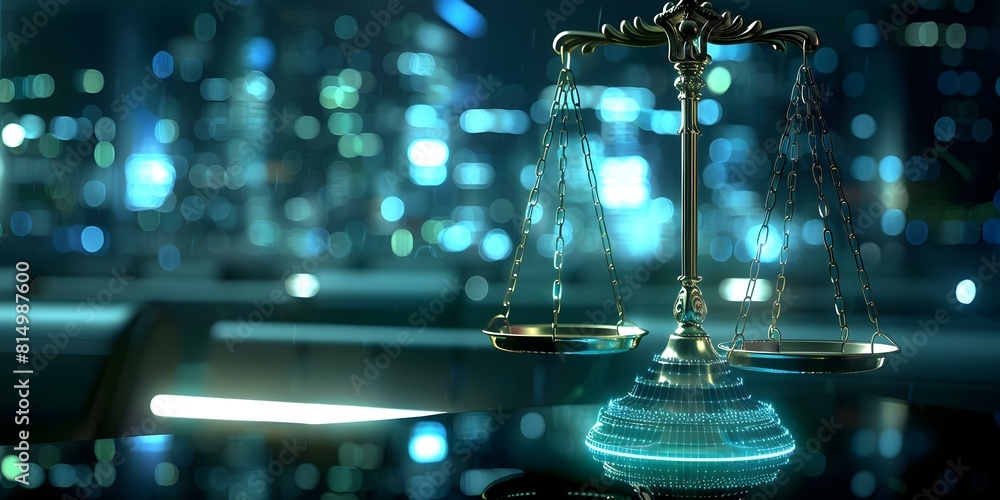 Futuristic cyber scales of justice representing law and technology in ...