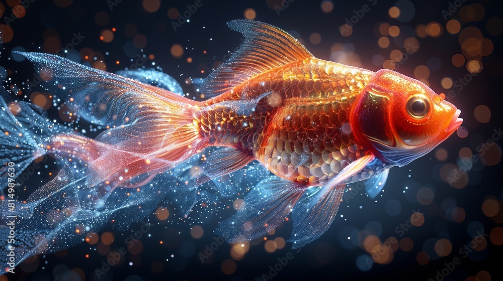 Polygonal magic gold fish isolated on dark background. Low poly vector illustration of a starry sky or cosmos. Digital images consists of lines, dots and destruct shapes Polygonal magic gold fish isolated on dark background. Low poly vector illustration of a starry sky or cosmos. Digital images consists of lines, dots and destruct shapes