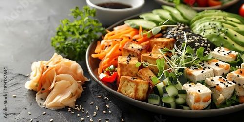 Colorful vegan sushi platter featuring fresh veggies, avocado, tofu, and inventive flavors. Concept Vegan Sushi, Colorful Platter, Fresh Veggies, Avocado, Tofu, Inventive Flavors