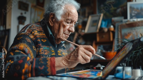 The photo shows an elderly man painting in his studio