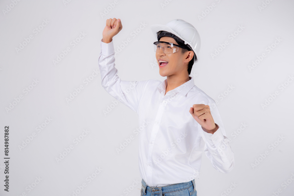 Portrait young asian engineer man wearing helmet excited isolated white background, male is architect or contractor with glad and success, contractor proud and satisfied, industrial concept. Portrait young asian engineer man wearing helmet excited isolated white background, male is architect or contractor with glad and success, contractor proud and satisfied, industrial concept.