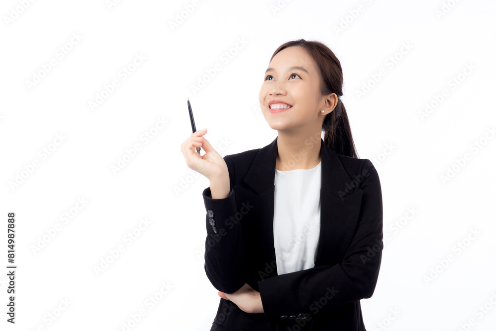 A cheerful young asian businesswoman in a suit, smiling and looking up, holding a pen, celebrating a success isolated white background, joyful business woman with pen celebrating success. A cheerful young asian businesswoman in a suit, smiling and looking up, holding a pen, celebrating a success isolated white background, joyful business woman with pen celebrating success.