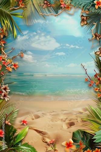 A painting depicting a seascape  decorated with flowers along the outline. Vertical image with copy space. 