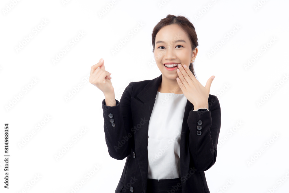 Portrait young asian businesswoman in suit standing with excited isolated white background, business woman is manager or executive thinking and idea with imagination with success, business concept. Portrait young asian businesswoman in suit standing with excited isolated white background, business woman is manager or executive thinking and idea with imagination with success, business concept.