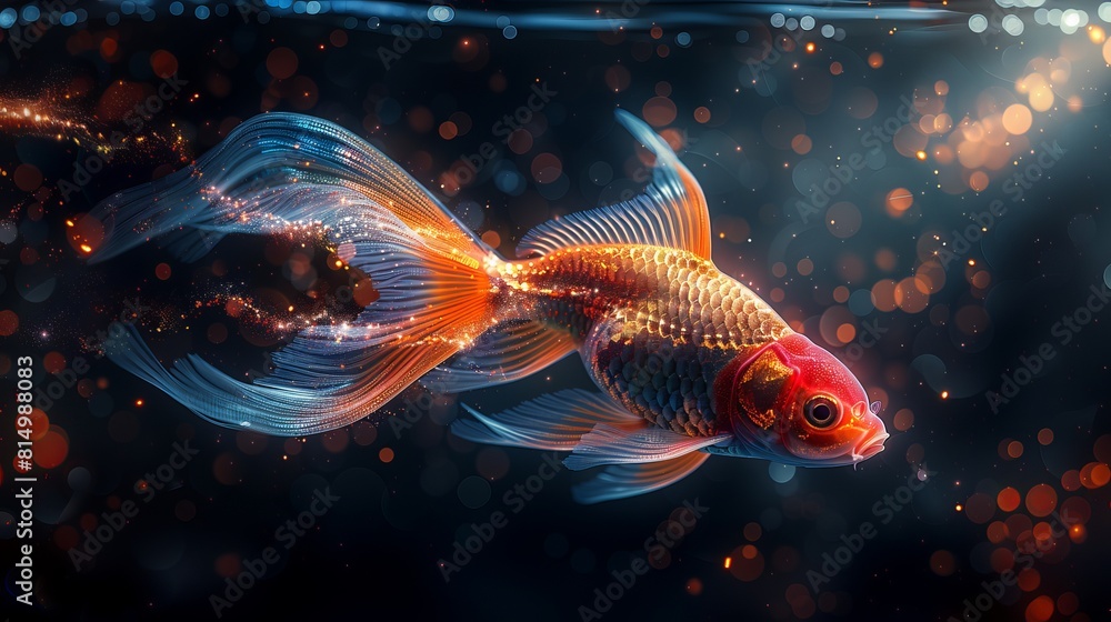 Polygonal magic gold fish isolated on dark background. Low poly vector illustration of a starry sky or cosmos. Digital images consists of lines, dots and destruct shapes Polygonal magic gold fish isolated on dark background. Low poly vector illustration of a starry sky or cosmos. Digital images consists of lines, dots and destruct shapes