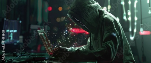 A Hacker In A Hoodie Launches An Attack On A Laptop Computer, Compromising Data Servers And Infecting Systems,High Resolution