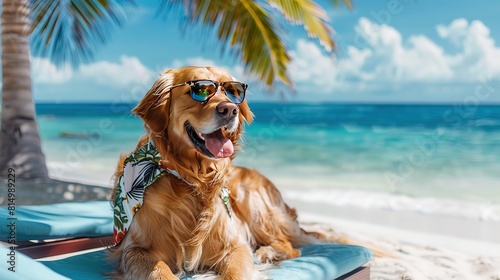 Dog on a paradise beach , Beach vacation with dog