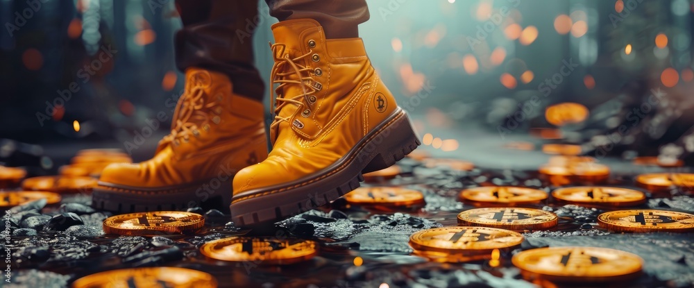 A Man With Yellow Boots Steps On Bitcoin Coins, Symbolizing The Dominance Of Traditional Currency Over Digital Assets,High Resolution A Man With Yellow Boots Steps On Bitcoin Coins, Symbolizing The Dominance Of Traditional Currency Over Digital Assets,High Resolution
