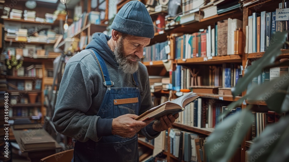 American carpenter constructing a sturdy wooden bookshelf for a home library American carpenter constructing a sturdy wooden bookshelf for a home library