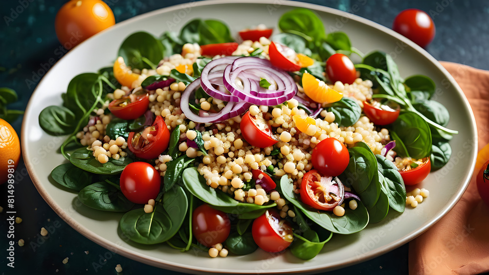 Vegetable Millet salad with red onion, cherry tomatoes, spinach, tangerine and clementine dressing. healthy food Vegetable Millet salad with red onion, cherry tomatoes, spinach, tangerine and clementine dressing. healthy food
