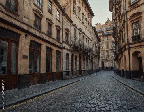Highlight the architectural beauty of a historic urban street lined with old buildings and cobblestones