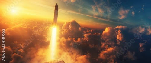 A Rocket Launches Swiftly Towards Its Target, Symbolizing The Concept Of Business Startup Acceleration,High Resolution