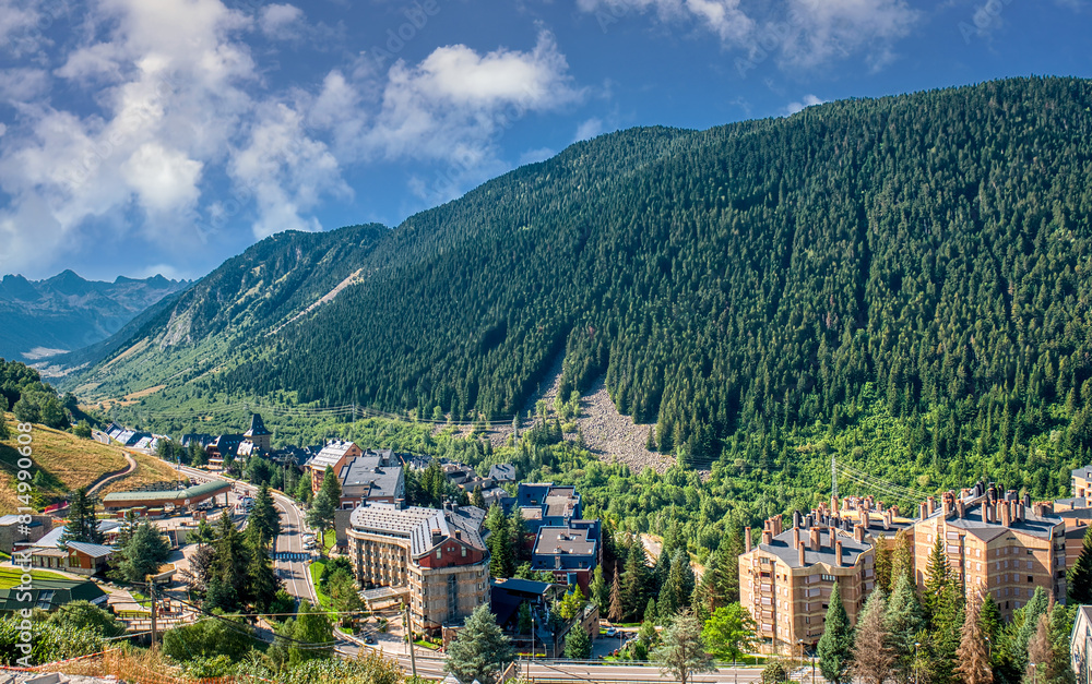 Obraz premium Baqueira Beret and El Pla de Beret is a flat area located at 1860 m above sea level, and a mountain port of the Pyrenees located in Spain, Aran Valley.