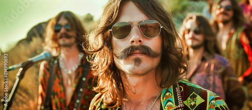 Hippie gathering with boy in the foreground looking just like the 1960s.