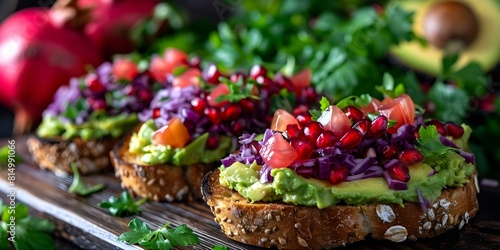 Avocado Toast with Pomegranate on a Wooden Table at a Restaurant Menu. Concept Food Photography, Avocado Toast, Pomegranate, Restaurant Menu, Wooden Table