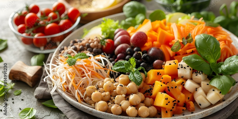 Aerial view of colorful vegan spread featuring fruits, vegetables, and plant-based proteins. Concept Vegan Food, Aerial Photography, Colorful Spread, Fruits and Vegetables, Plant-Based Proteins Aerial view of colorful vegan spread featuring fruits, vegetables, and plant-based proteins. Concept Vegan Food, Aerial Photography, Colorful Spread, Fruits and Vegetables, Plant-Based Proteins