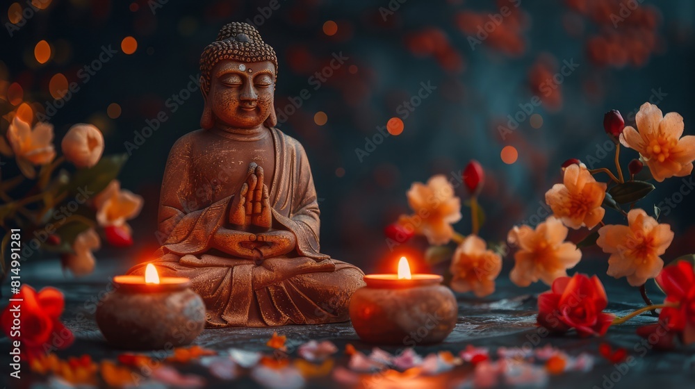 wide shot of buddha statue with two glowing clay lamps and flowers on black background. buddhism concept. with copy space. wesak day wide shot of buddha statue with two glowing clay lamps and flowers on black background. buddhism concept. with copy space. wesak day