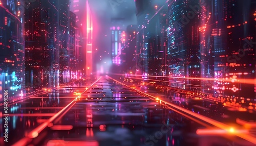 A digital cityscape with a long road leading into the distance