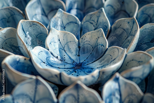 Integration of Dutch Delftware motifs into a modernist palette of blue and white abstract forms, photo