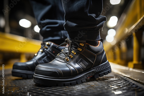 A factory worker which is wearing safety shoe and working uniform is standing in the factory, ready for working in danger workplace concept. Industrial working scene and safety equipment.
