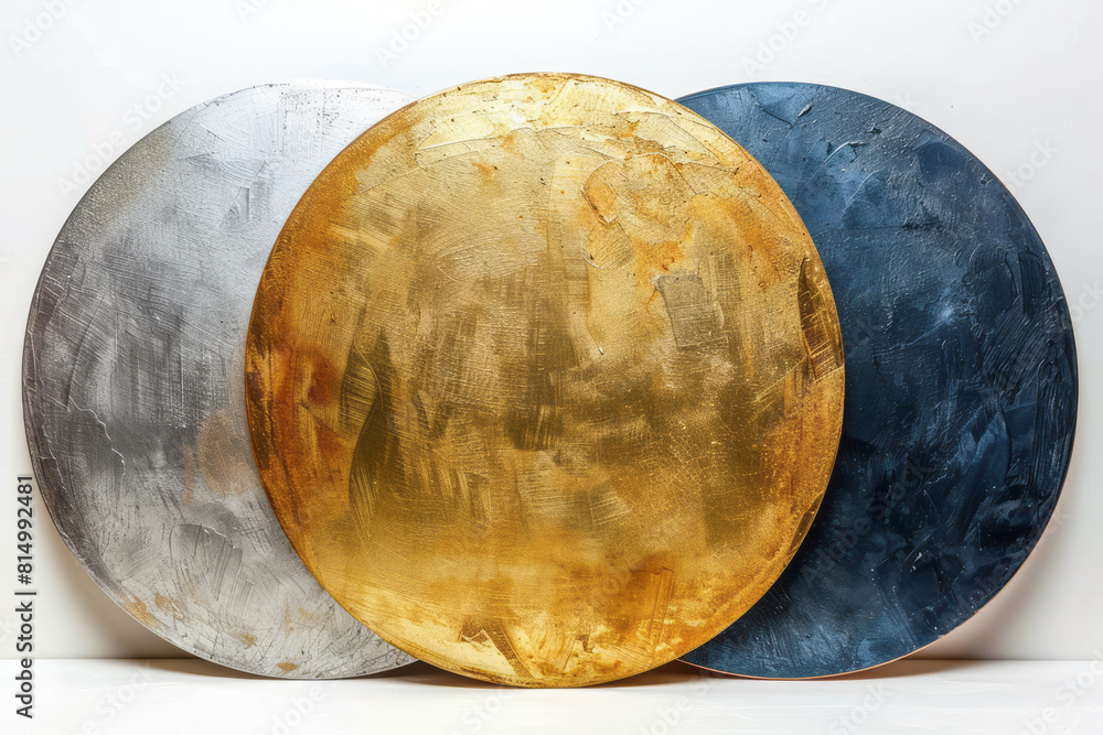 Three large, bold circles in muted gold, silver, and bronze on a white canvas, representing rich, resonant tones,