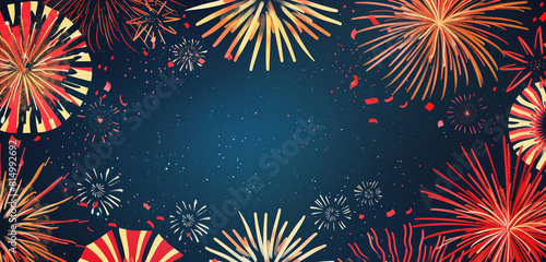 Central blank space in an ultrawide festive fireworks design with patriotic flag colors. photo