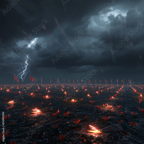 Veterans Day virtual thunderstorm with lightning illuminating a field of flags in 3D. photo