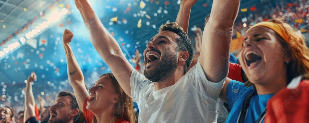 Exuberant sports fan celebrating with raised fists among a crowd at a stadium