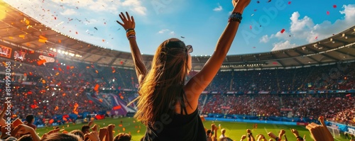 Exuberant sports fan celebrating with raised fists among a crowd at a stadium