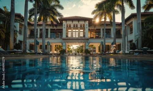 View from within a crystal-clear swimming pool looking at a grand mansion surrounded by lush palm trees under a blue sky