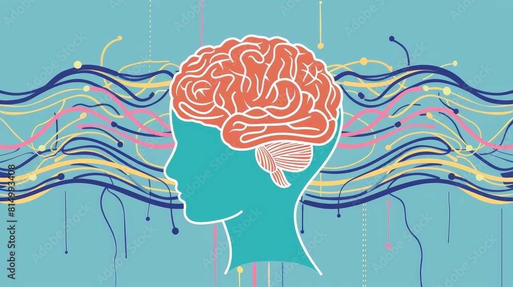 The illustration shows a human brain with a lot of connections. The ...