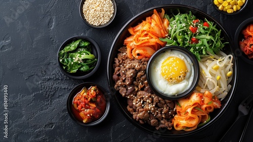 A plate of food with a fried egg and a variety of vegetables