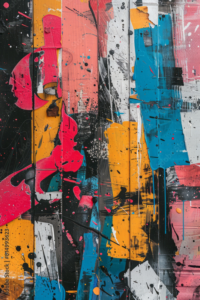 Fototapeta premium A wall of graffiti tags and street art overlaid with spontaneous brush strokes, reflecting urban and contemporary musical influences,