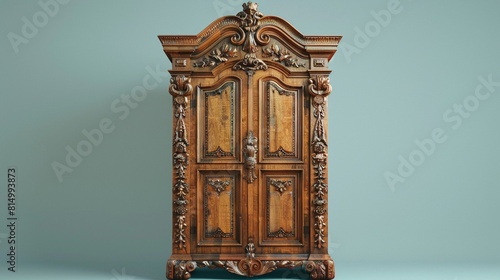 An antique armoire standing proudly, its intricate carvings hinting at a bygone era of elegance and refinement. photo