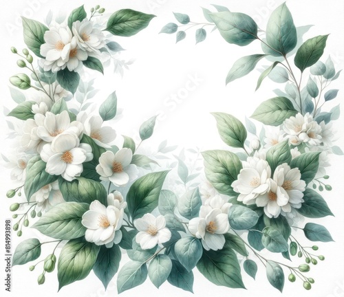 Watercolor flower frame Jasmine Eucalyptus. template wedding invitation card