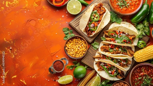 A table with a variety of Mexican food including tacos, corn, beans, and lime