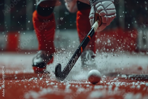 Field hockey player dribbling ball past defenders, displaying control olympic sport concept