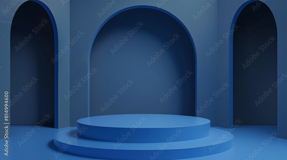 3D rendering of blue podium minimal scene. Empty pedestal for product showcase. Abstract background for product presentation. 3D rendering of blue podium minimal scene. Empty pedestal for product showcase. Abstract background for product presentation.