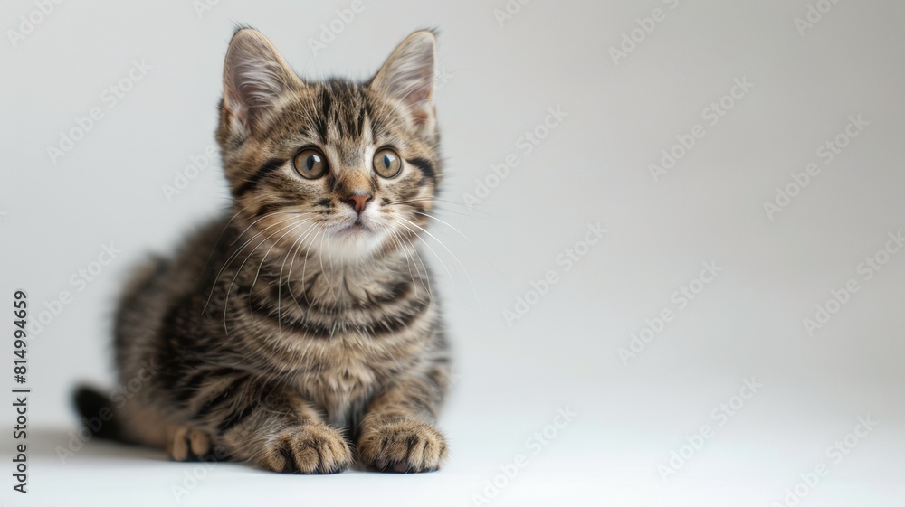 The portrait shows a calmly sitting tabby cat. The eyes are captivating and expressive. The background in the image is light.